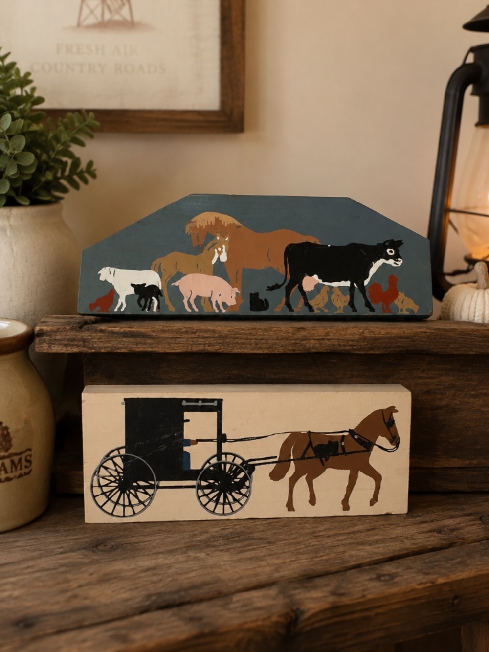 Cat’s Meow Lot of 2 Amish Buggy Farm Animals Horse Cow Wood Shelf Sitters